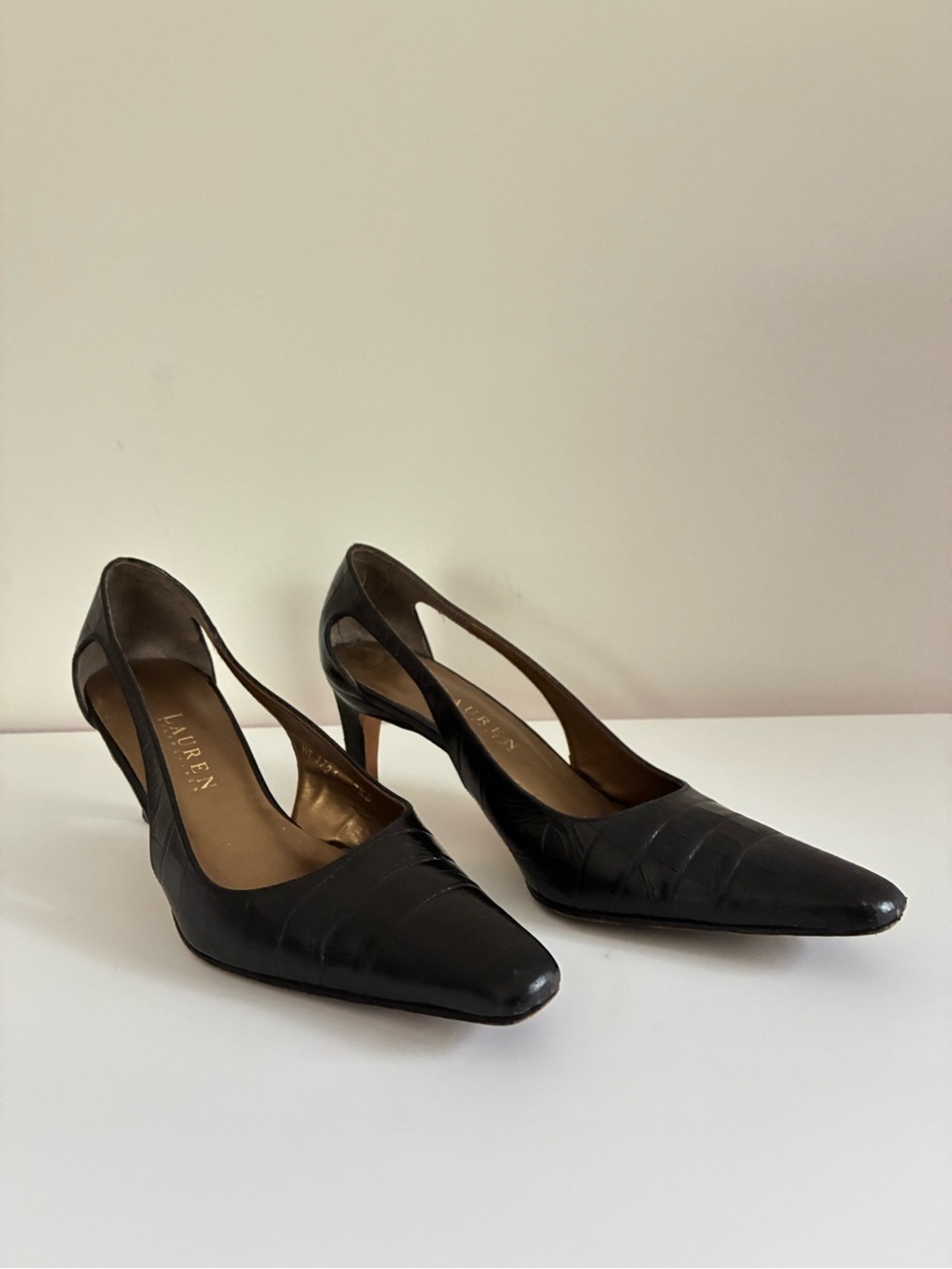 Vintage Ralph Lauren Y2K 90s Classic Black Leather Pointed-Toe Slingback Heels